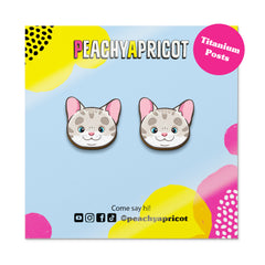 Cat-shaped earrings on a colorful card with 'Peachy Apricot' branding.