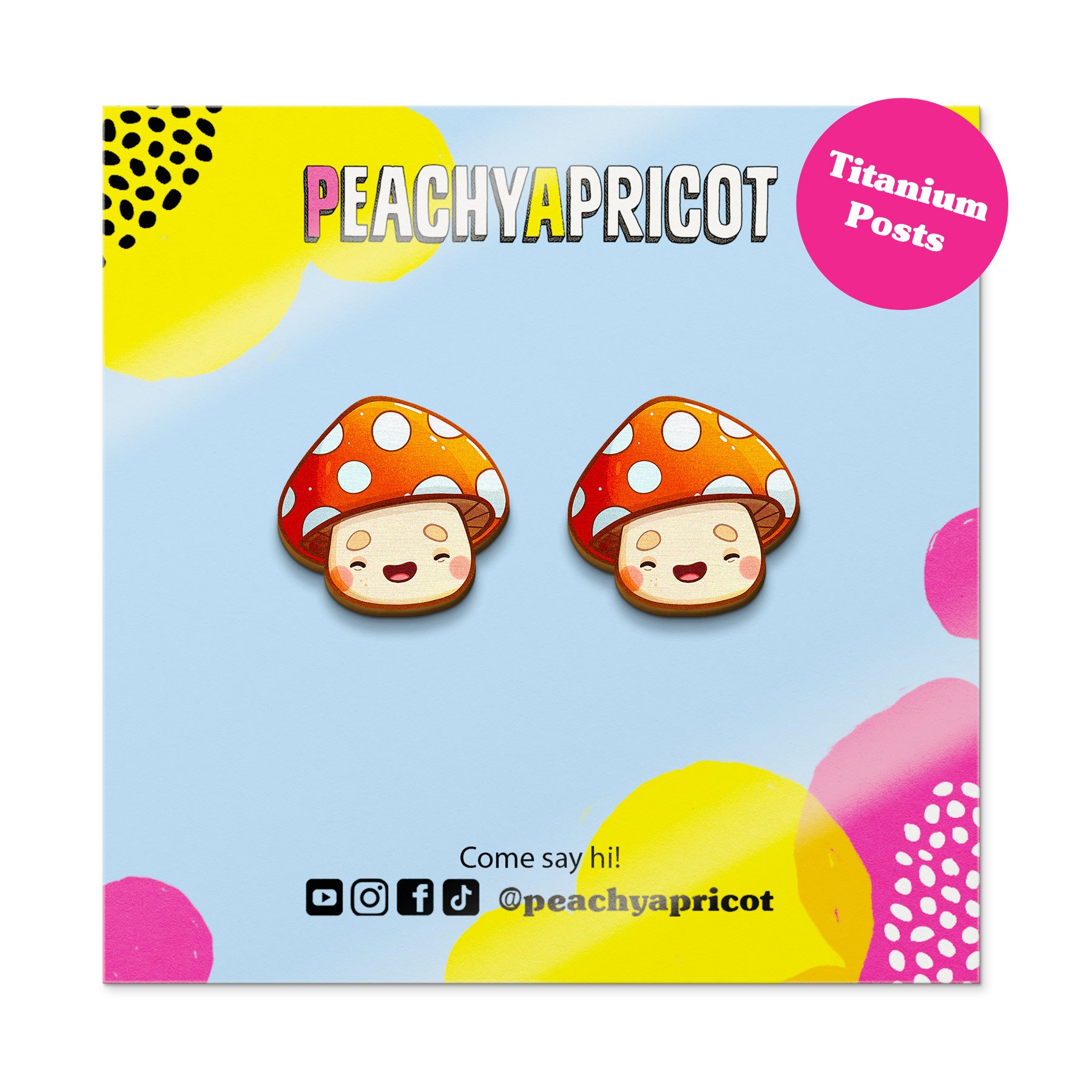 Cartoon mushroom earrings on a colorful background with 'Peachy Apricot' branding.