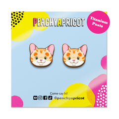Cat-shaped earrings on a colorful card with 'Peachy Apricot' branding.